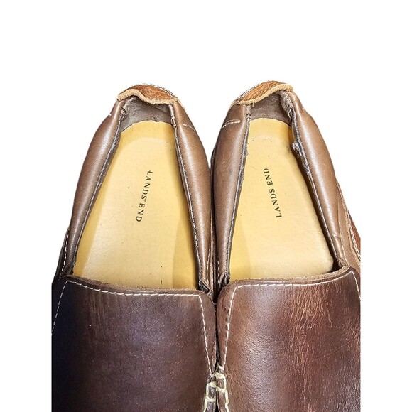 Mens Lands End Brown Leather Slip On Loafers Shoes 9D 400741 White Stitching main image 6